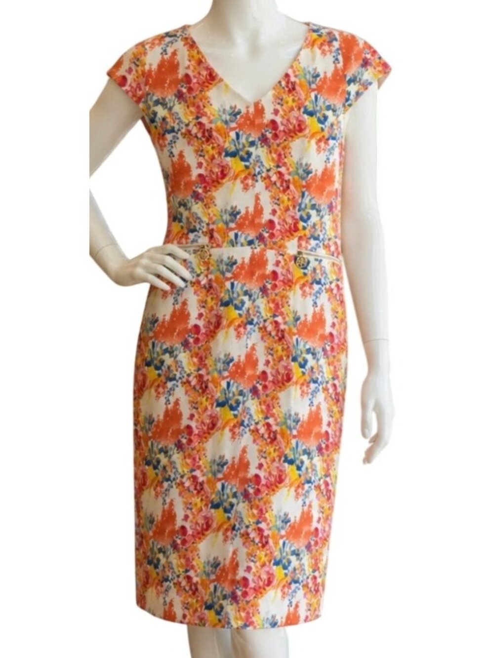 Antonio Melani Floral Sheath Dress With Cap Sleeves & Gold Accents Size 2